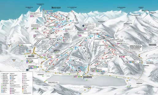 Zell am See ligger i de österrikiska Alperna, med pistkarta och snötäckta pister för skidåkning.