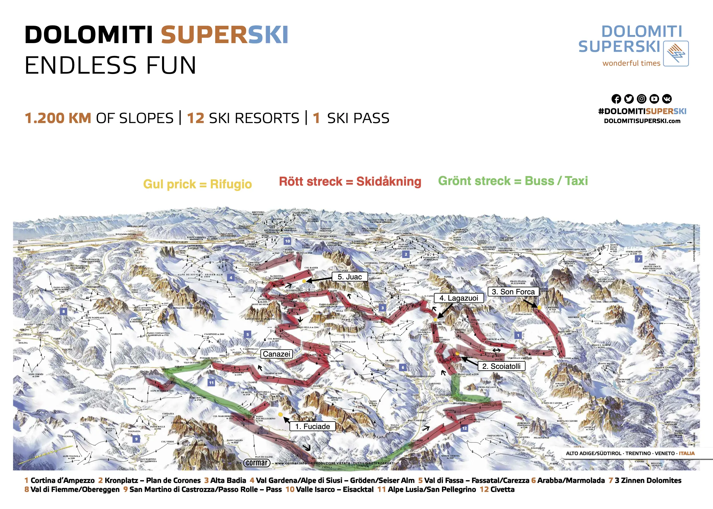 Exempel på runda för skidsafari i Dolomiterna