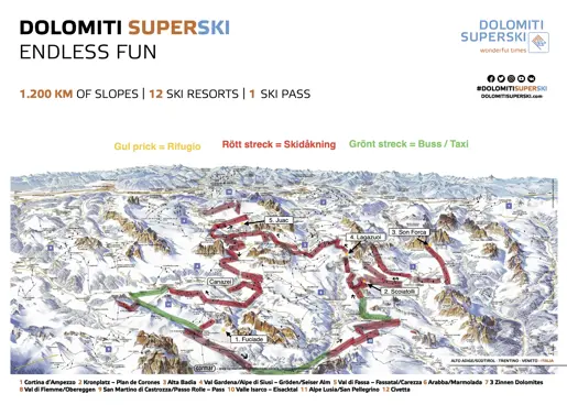 Exempel på runda för skidsafari i Dolomiterna