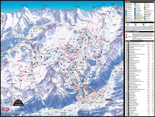 En pistkarta över Ischgl som visar det omfattande nätverket av 239 km pister inom skidområdet Silvretta Arena, där en stor del av skidåkningen sker på höjder över 2 000 meter.